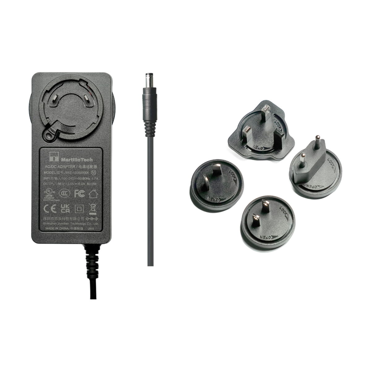 MartilloTech power adapter, DC output cable, and US, UK, EU, and AU regional plug options